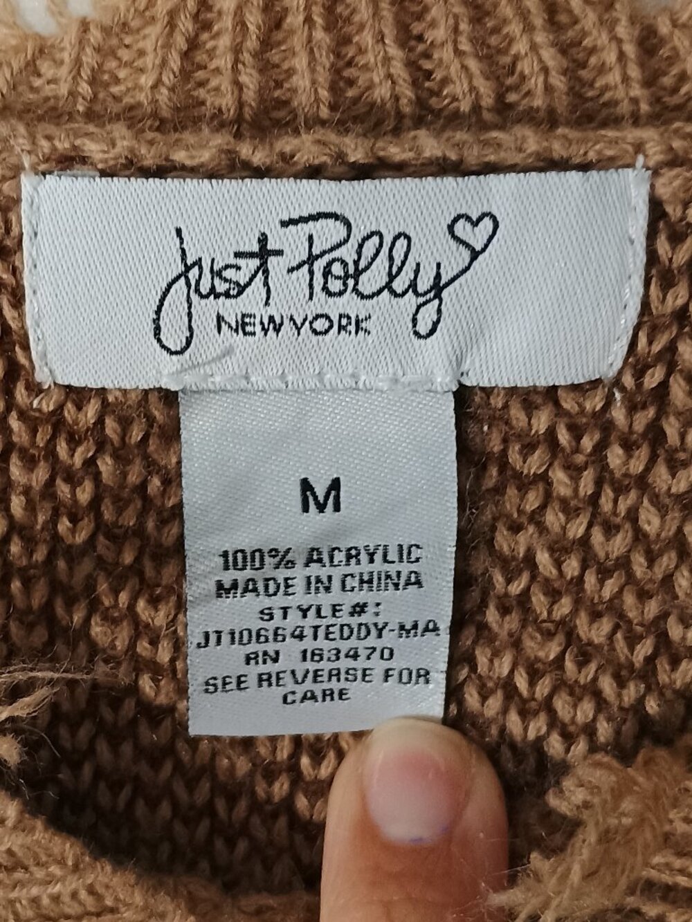Just Polly New York Teddy Bear Distressed Knit Sweater Tan Brown Frayed Hem Size - Picture 4 of 6